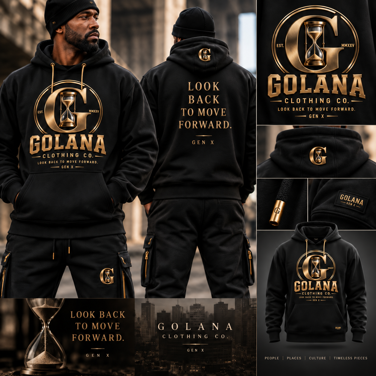 GOLANA Clothing Co. identity and apparel presentation with readable Look Back to Move Forward hoodie back