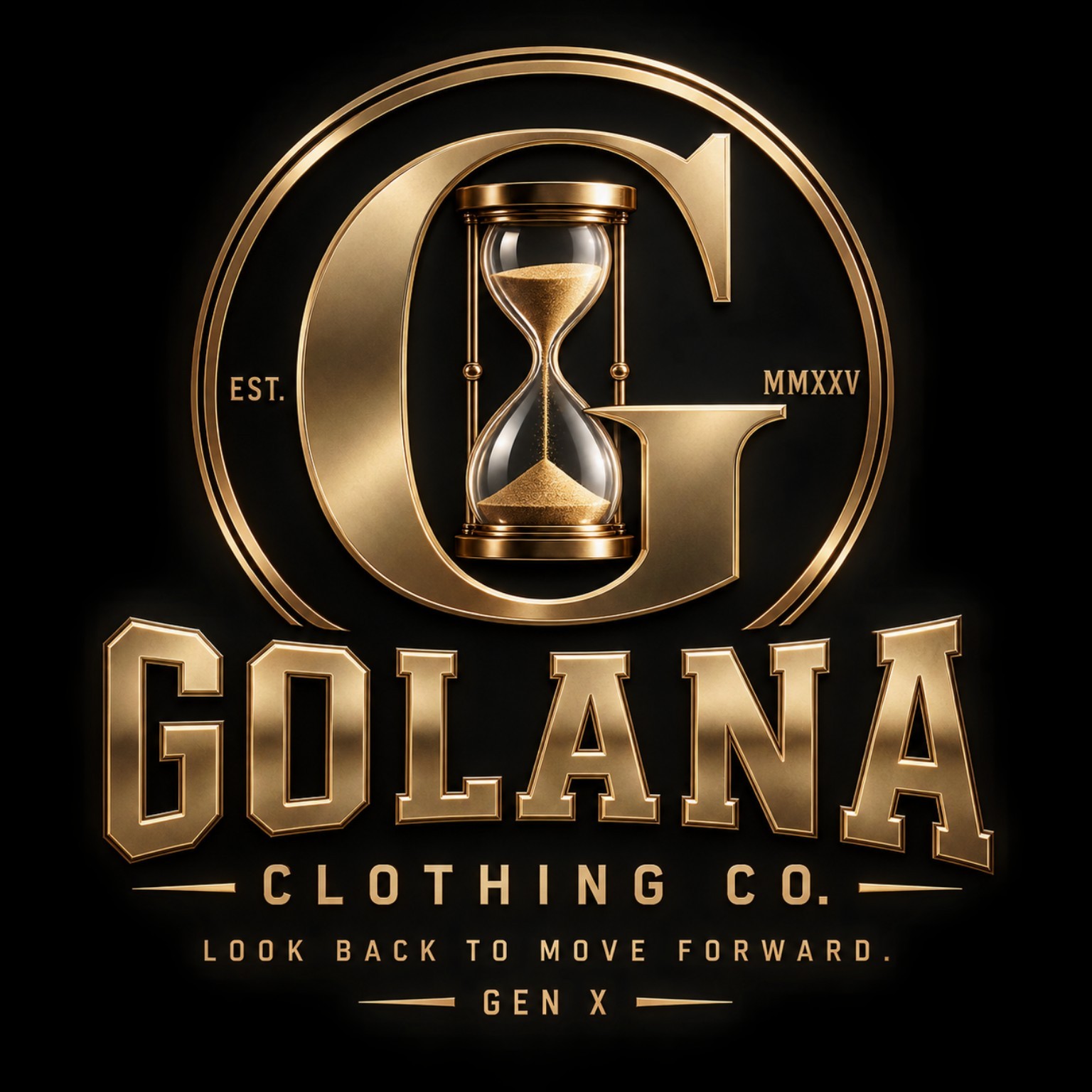 Approved GOLANA Clothing Co. gold identity with G crest and hourglass